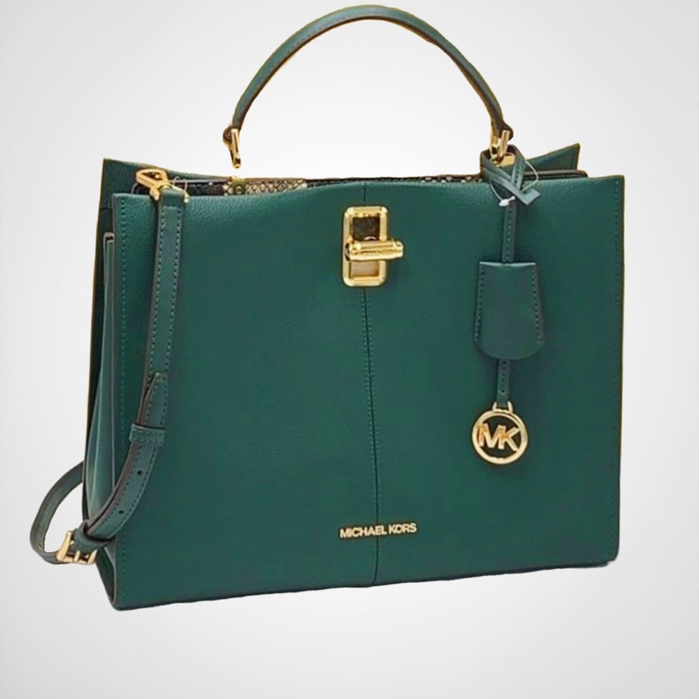 Michael Kors Emerald Green Leather Satchel with Gold Hardware